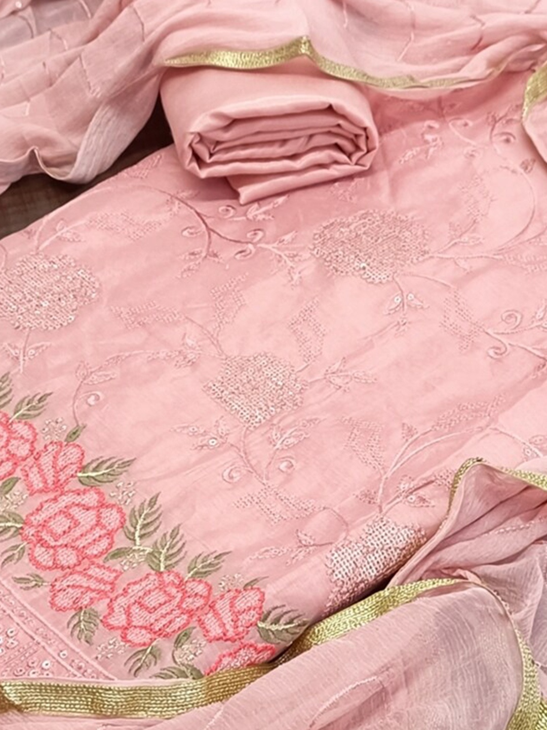 

SALWAR STUDIO Women Pink & Peach-Coloured Embroidered Unstitched Dress Material