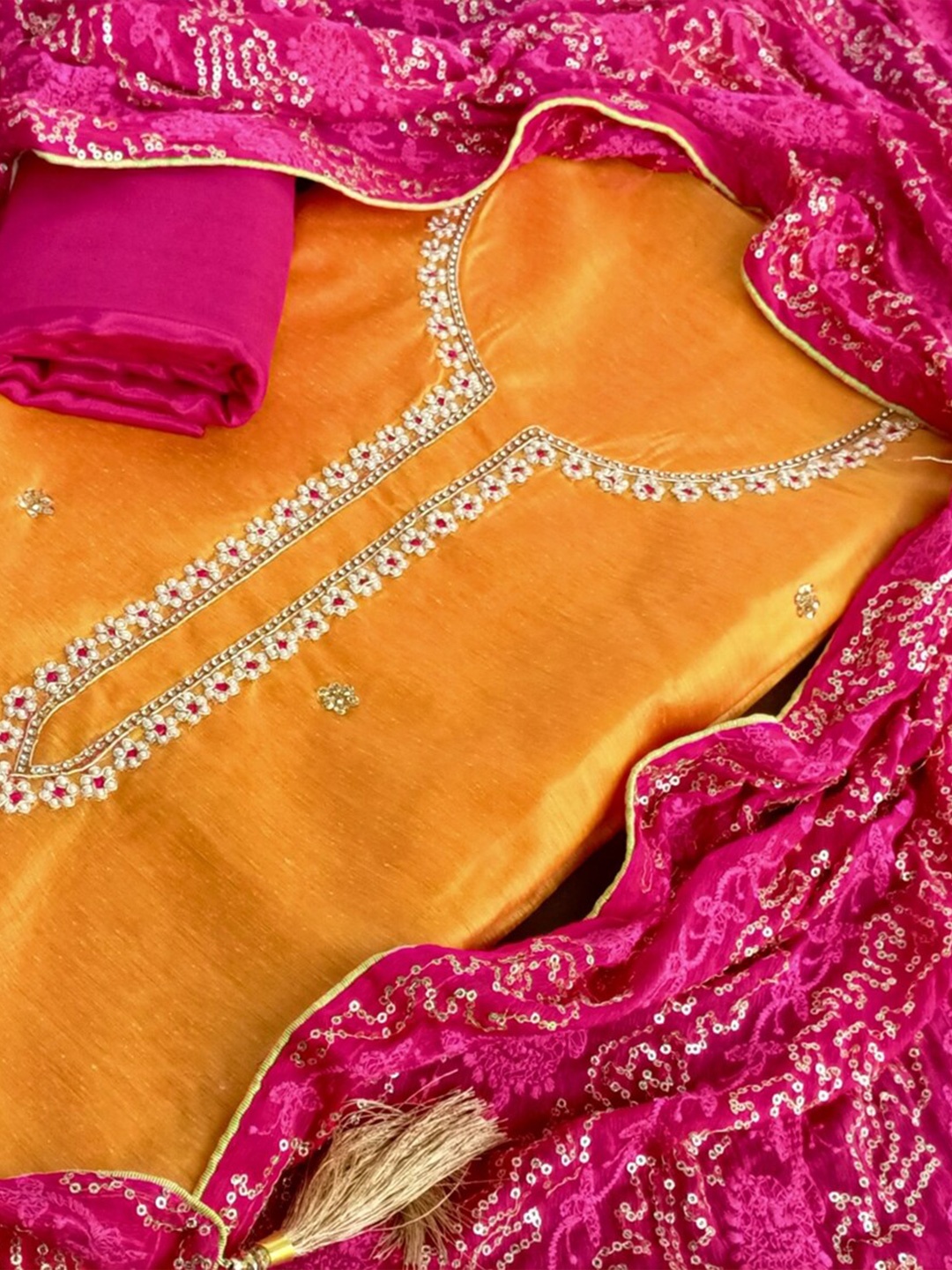

SALWAR STUDIO Women Orange & Pink Embroidered Unstitched Dress Material