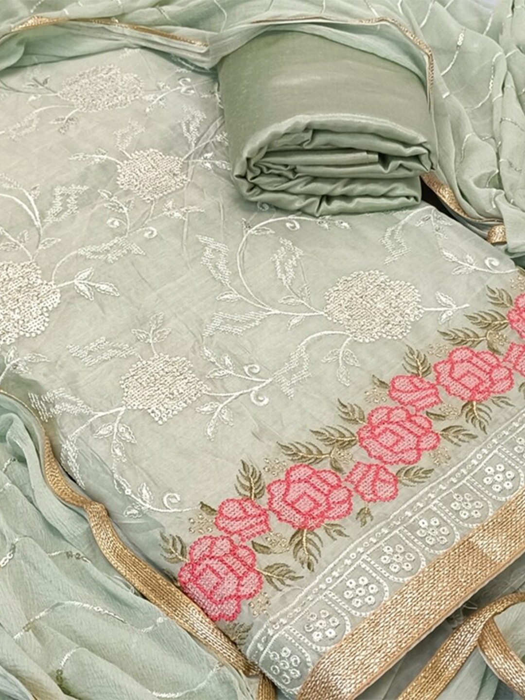 

SALWAR STUDIO Women Green & Red Embroidered Unstitched Dress Material