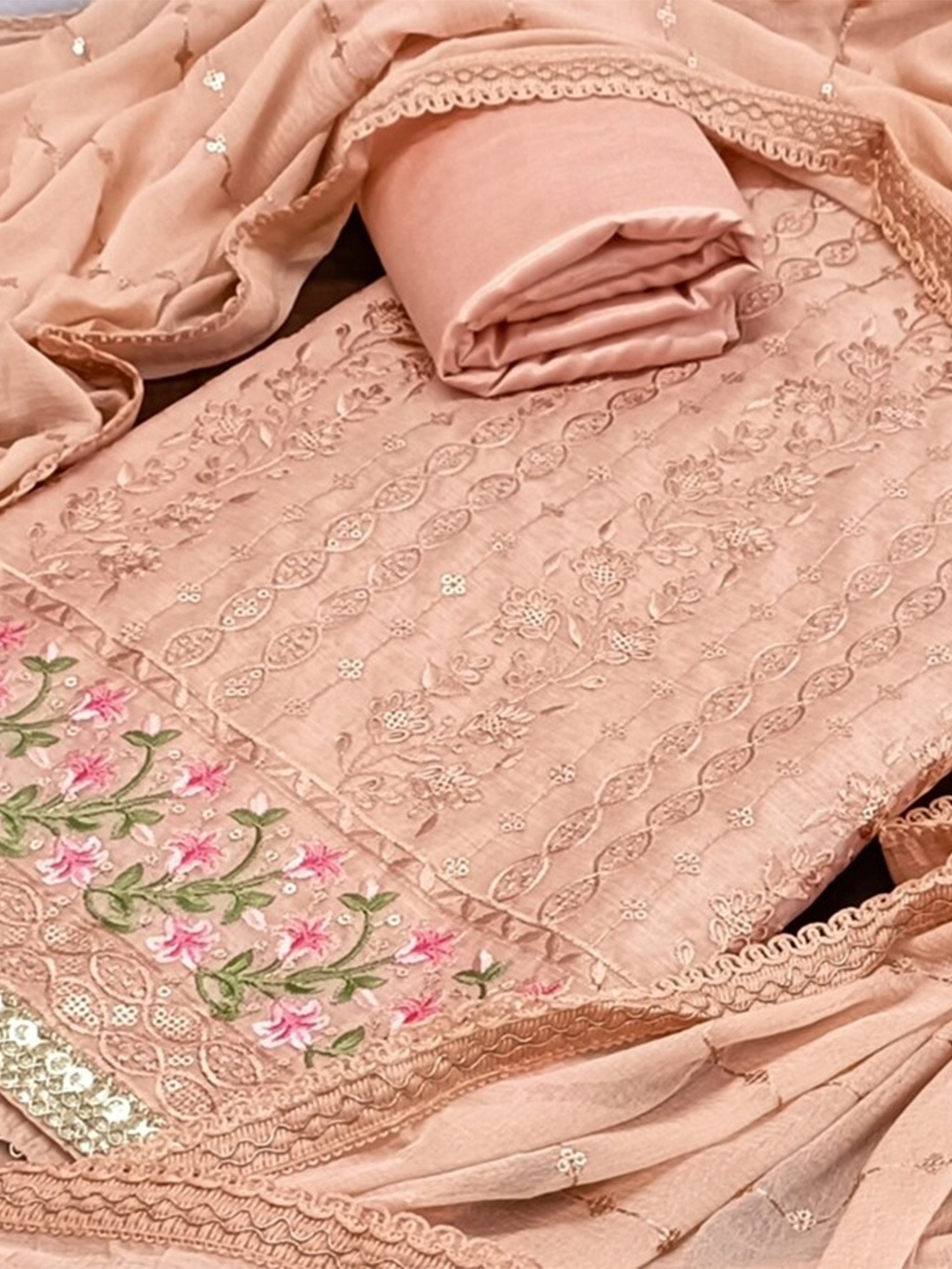

SALWAR STUDIO Peach-Coloured & Pink Embroidered Unstitched Dress Material