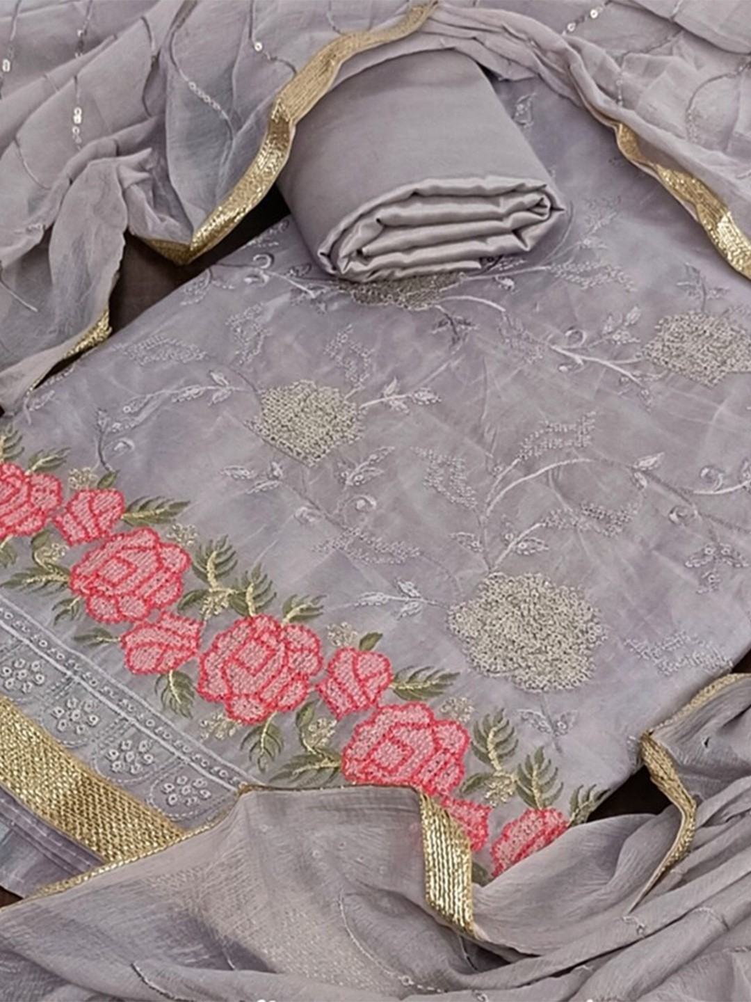 

SALWAR STUDIO Grey & Peach-Coloured Embroidered Unstitched Dress Material