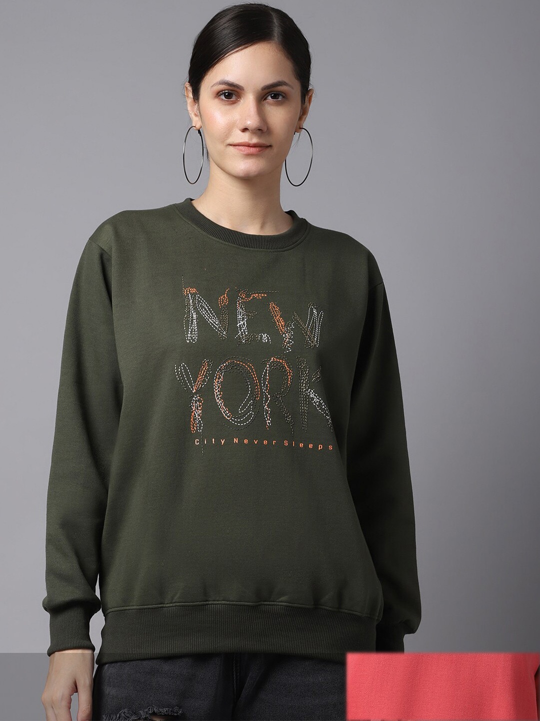 

MACK JONNEY Women Pack of 2 Peach-Coloured & OLive Green Fleece Sweatshirts