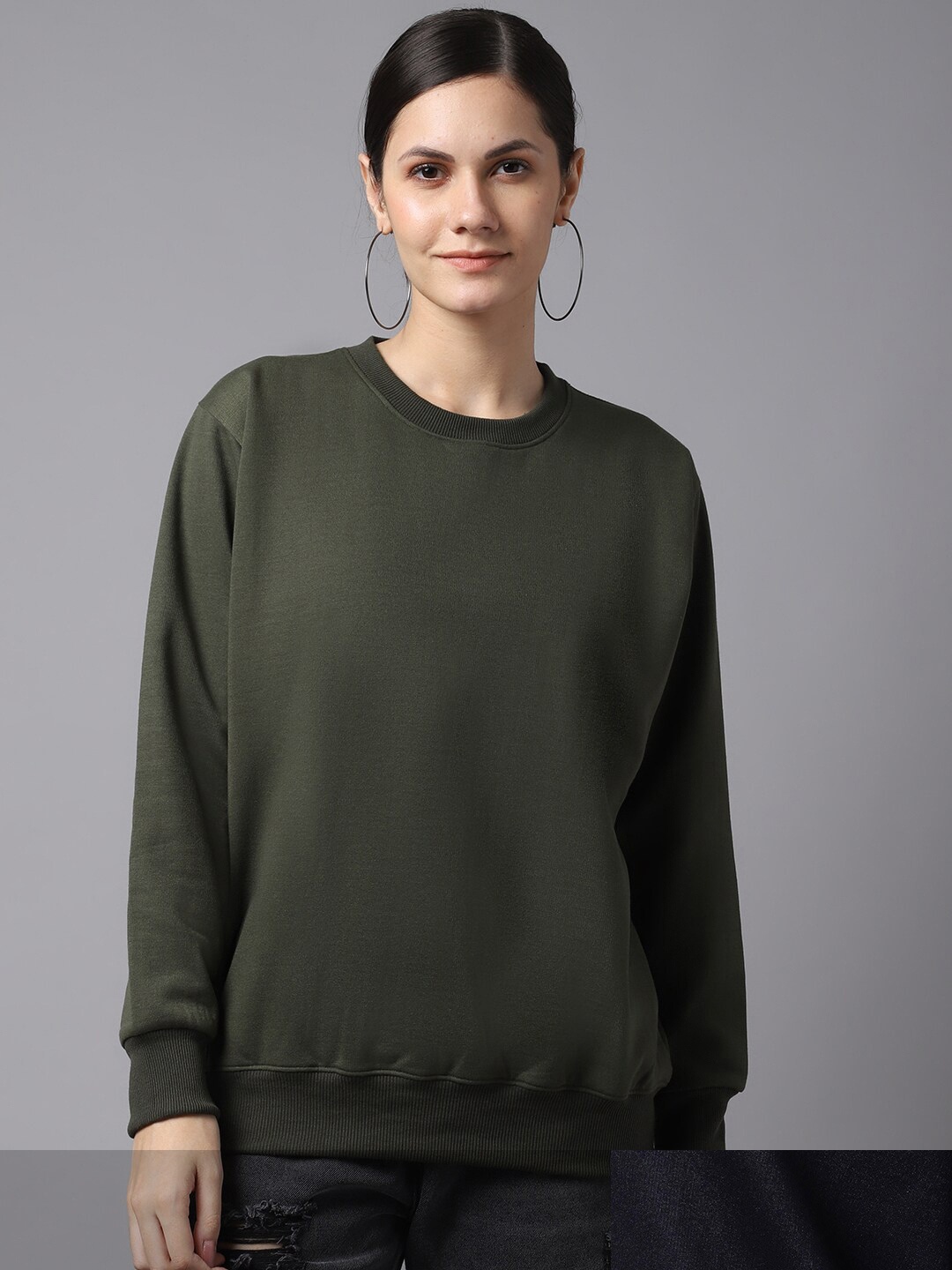 

MACK JONNEY Women Pack Of 2 Olive Green & Black Fleece Sweatshirt