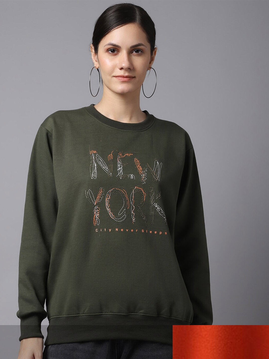 

MACK JONNEY Women Pack Of 2 Fleece Olive Green & Orange Printed Sweatshirt
