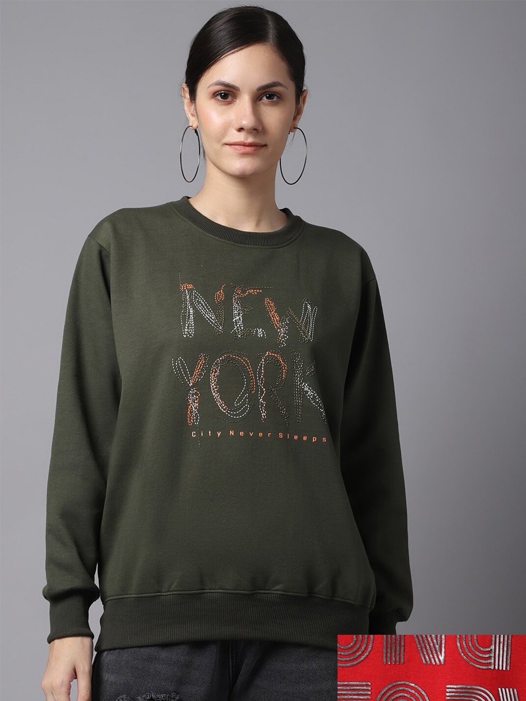 

MACK JONNEY Women Pack of 2 Olive Green & Red Printed Fleece Sweatshirt