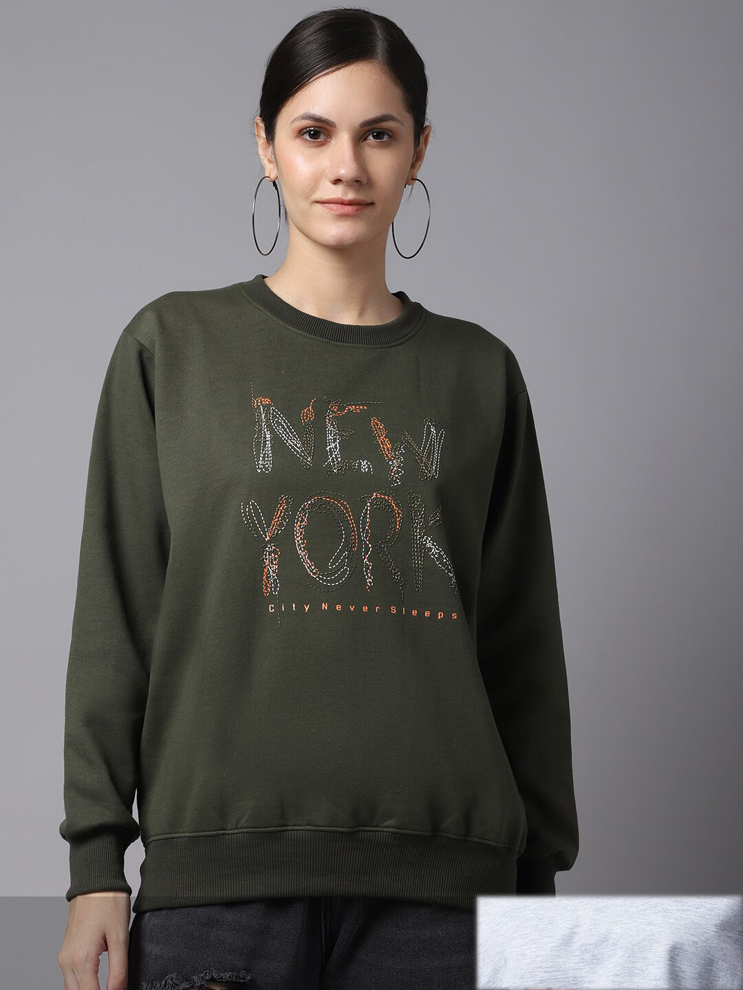 

MACK JONNEY Women Pack Of 2 Fleece Olive Green & Grey Printed Sweatshirt