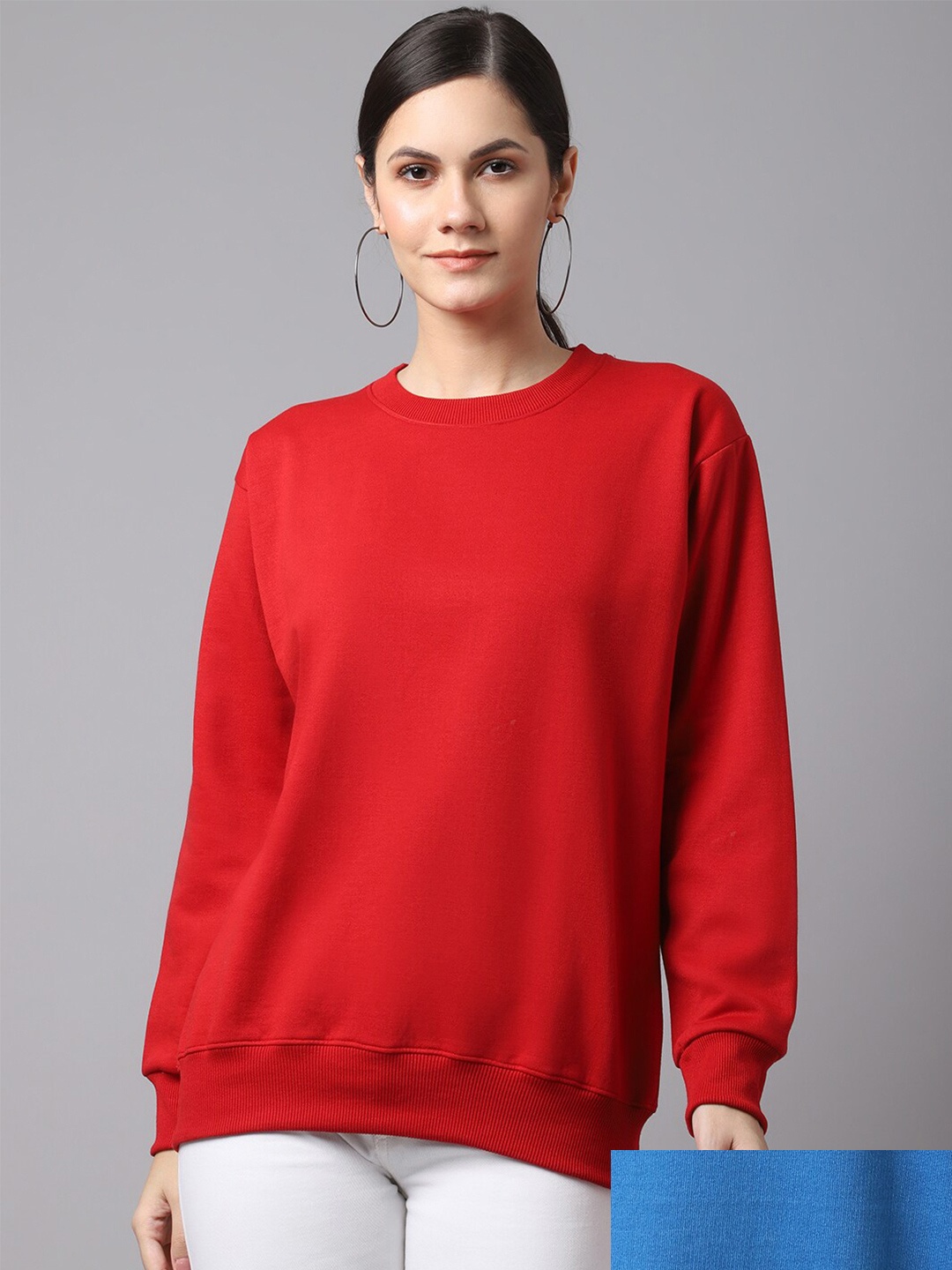 

MACK JONNEY Women Pack of 2 Red & Blue Solid Fleece Sweatshirts