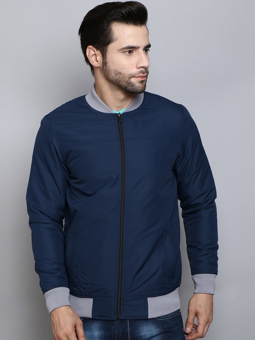 

SIAPA Men Navy Blue & Grey Solid Long Sleeves Polyester Bomber Jacket
