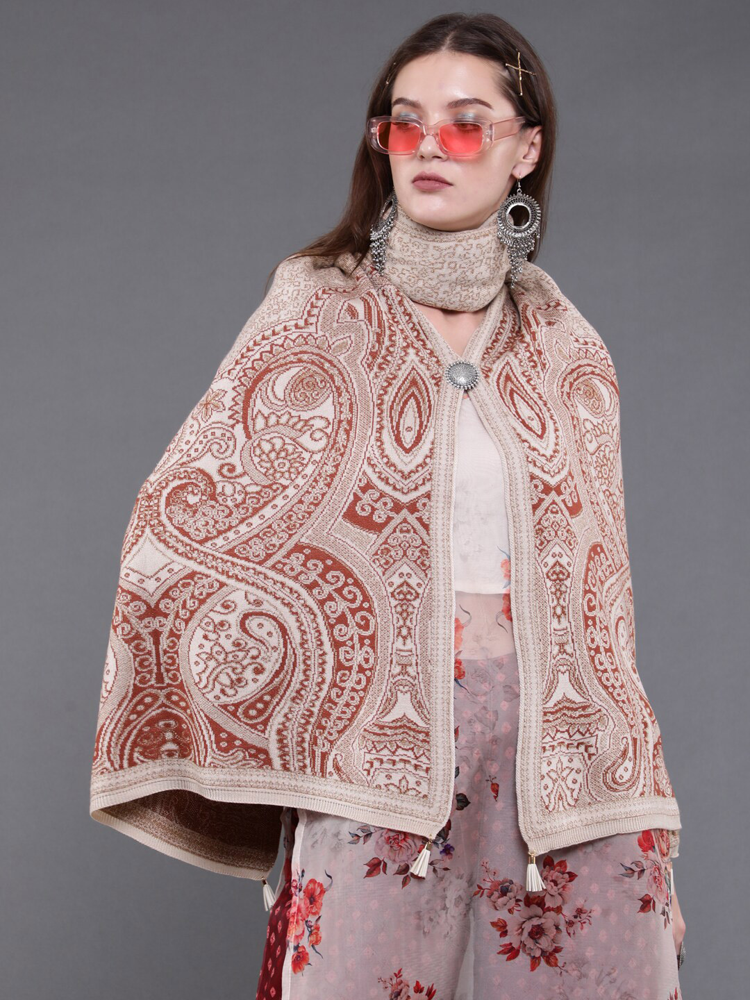 

saubhagya Women Camel Brown & Beige Longline Poncho