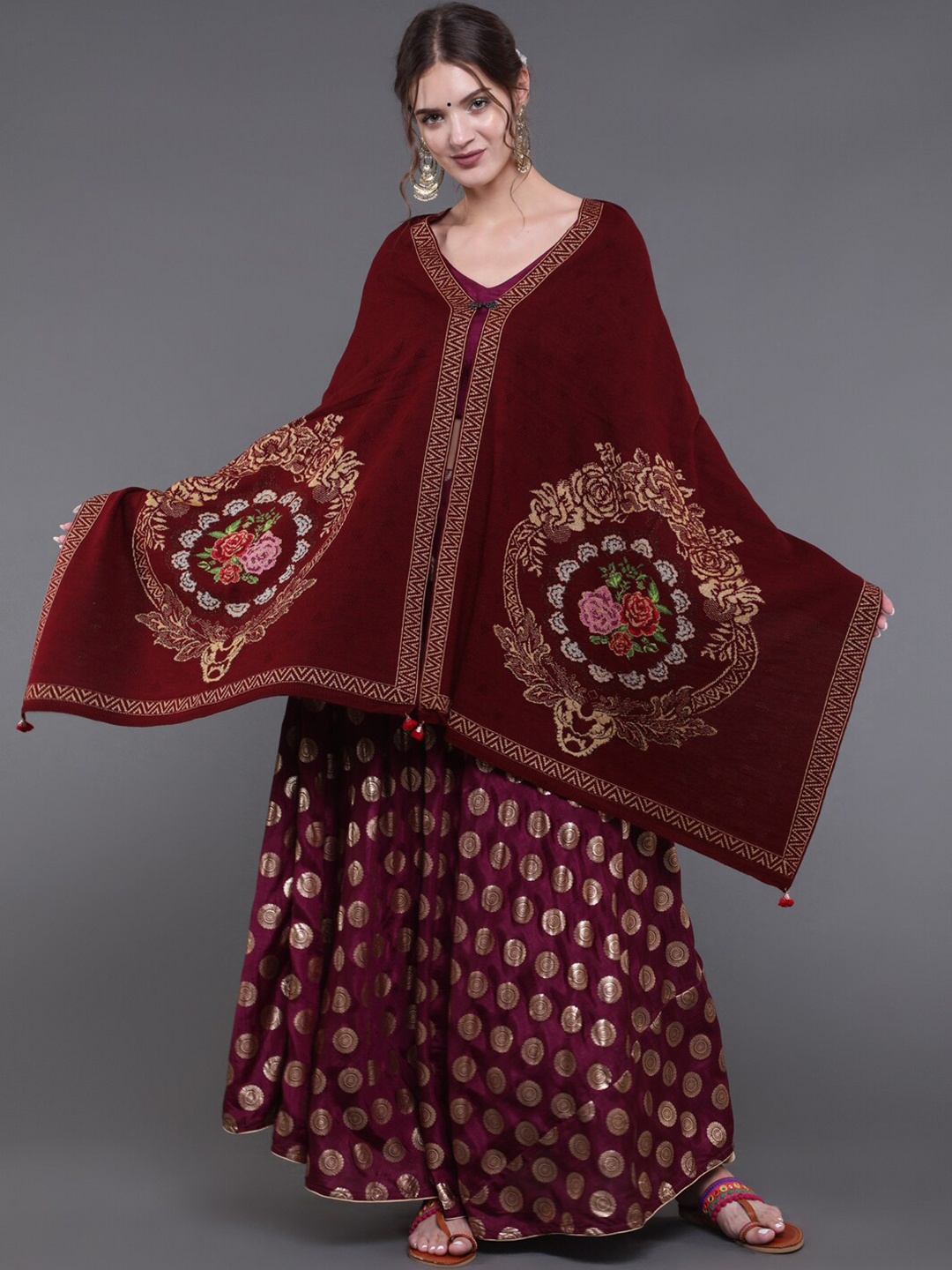 

saubhagya Women Maroon & Yellow Floral Embroidered Woolen Longline Poncho