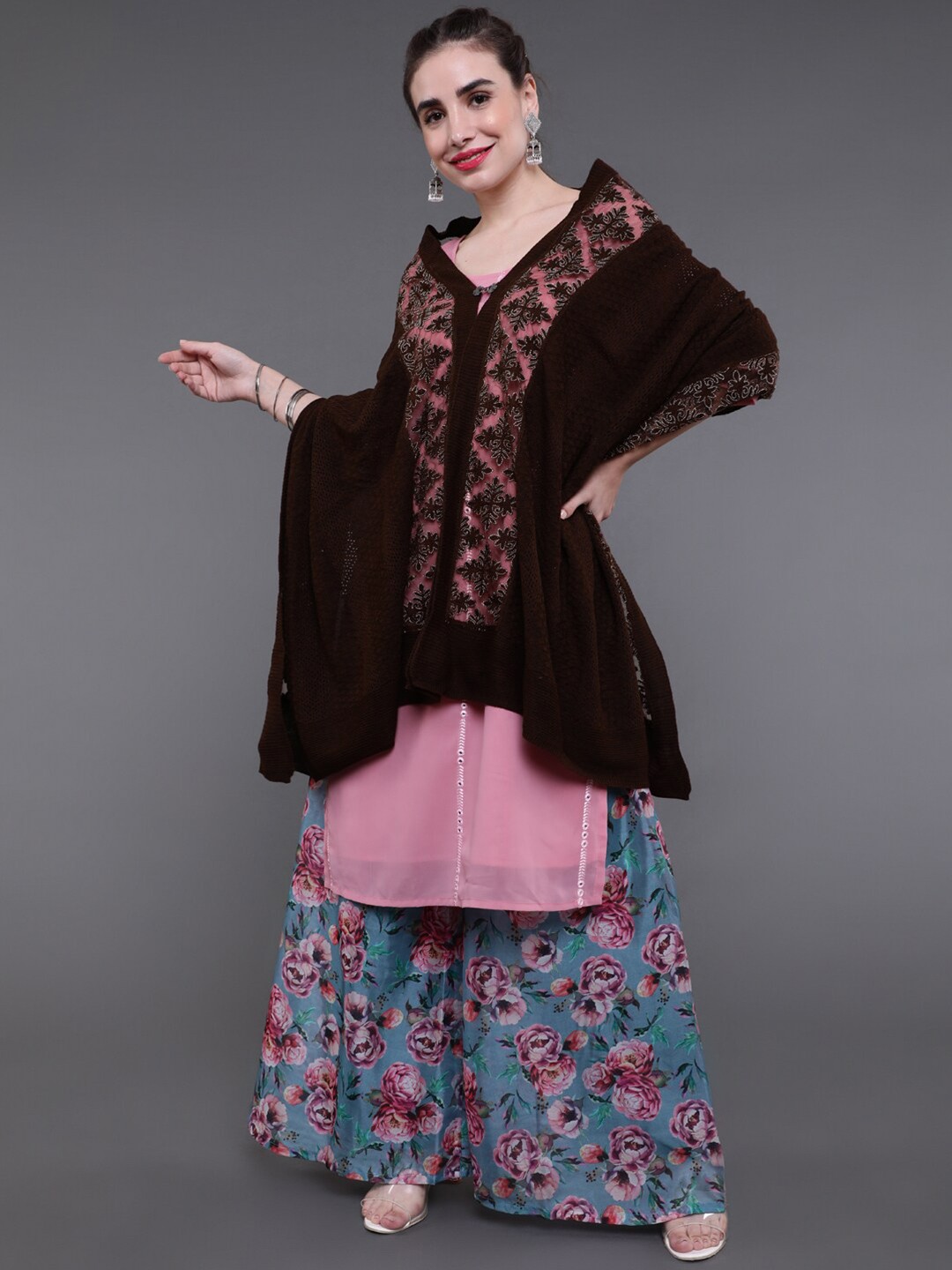 

saubhagya Women Brown & Transparent Embroidered Longline Poncho