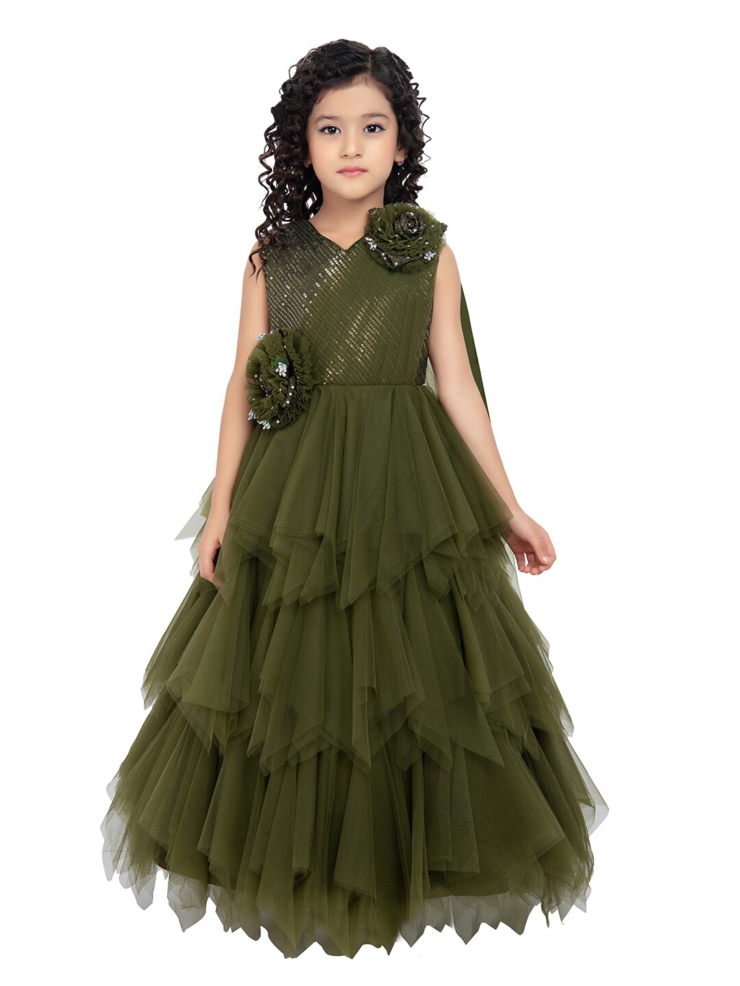 

BETTY Olive Green Embellished Net Gown Dress