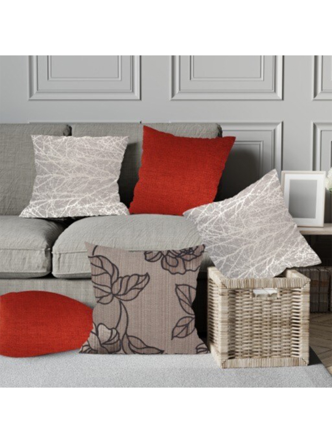 

Just Home Grey & Maroon Set of 5 Floral Square Cushion Covers