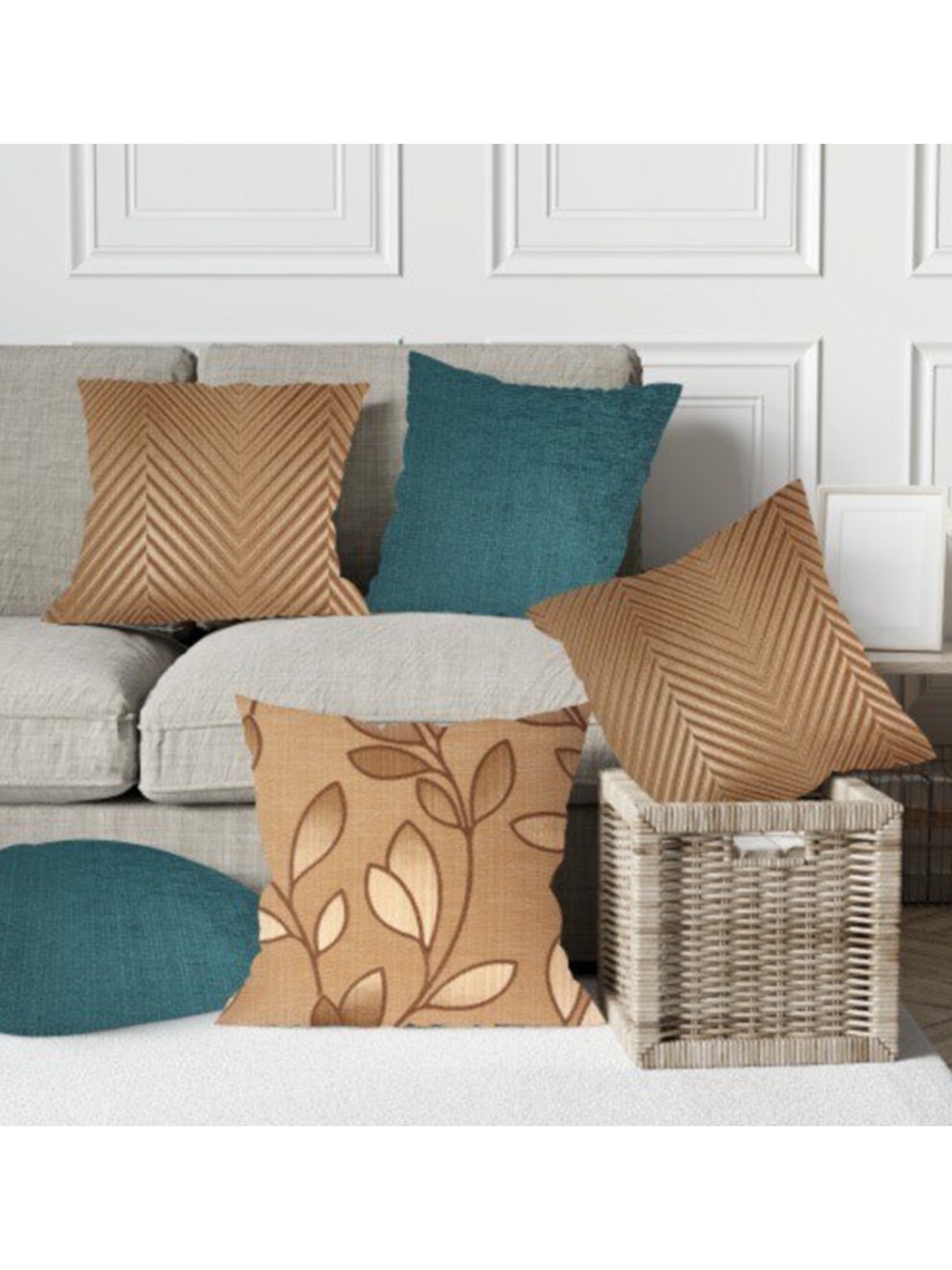 

Just Home Beige & Blue Set of 5 Geometric Square Cushion Covers
