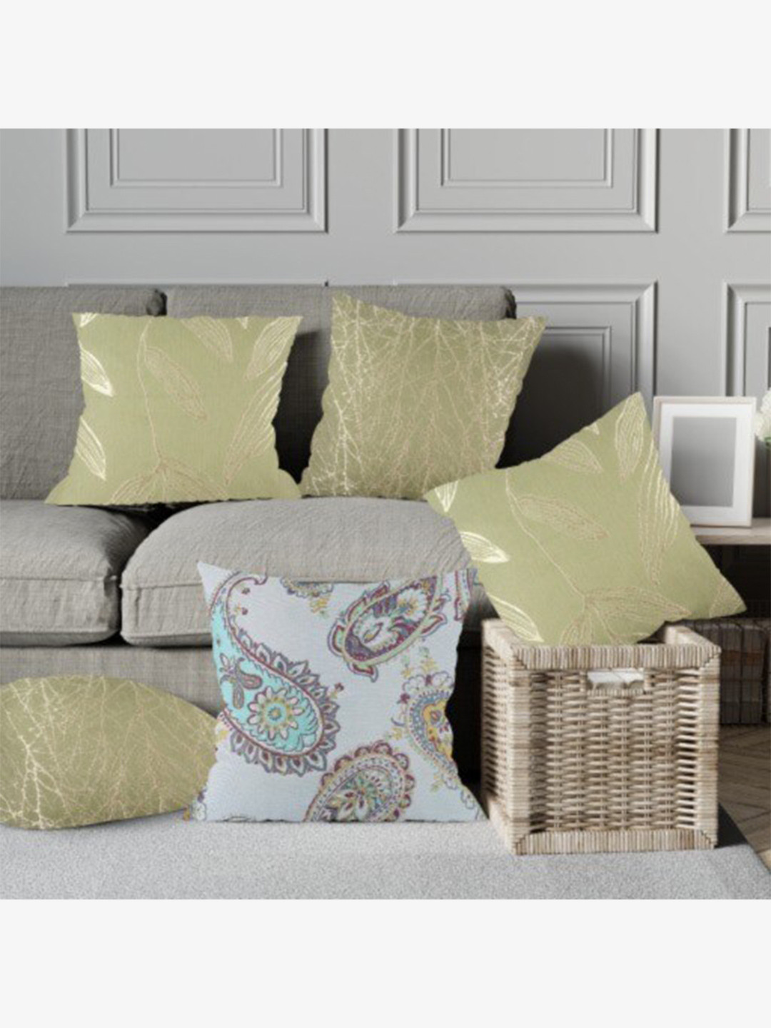

Just Home Grey & Green Set of 5 Ethnic Motifs Square Cushion Covers
