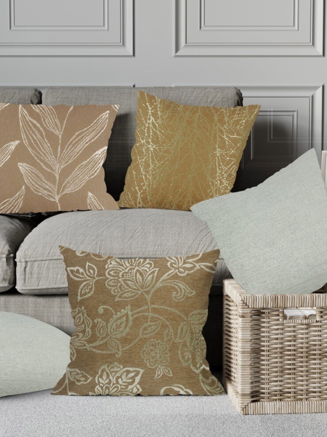 

Just Home Brown & Grey Set of 5 Floral Square Cushion Covers