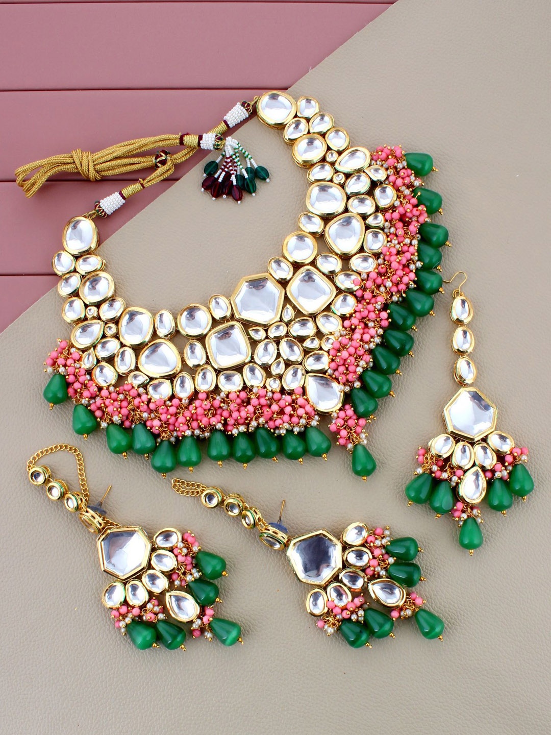 

LUCKY JEWELLERY Gold-Plated Green Kundan Stone-Studded