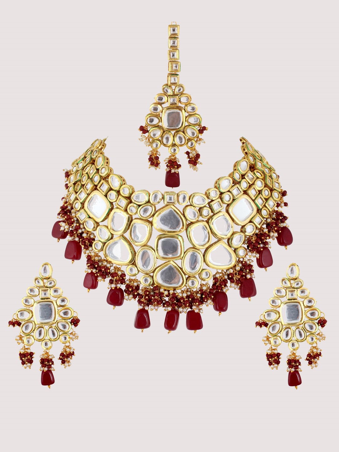 

LUCKY JEWELLERY Maroon & White Kundan-Studded 18K Gold-Plated Jewellery Set