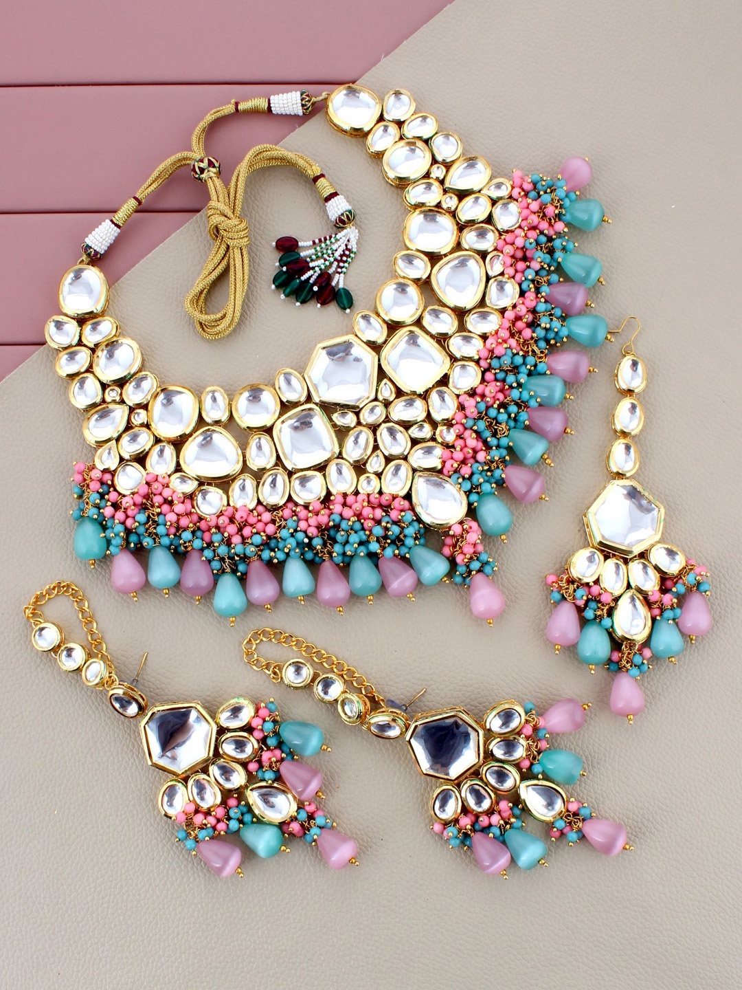 LUCKY JEWELLERY Gold-Plated White & Blue Kundan-Studded & Beaded Jewellery Set