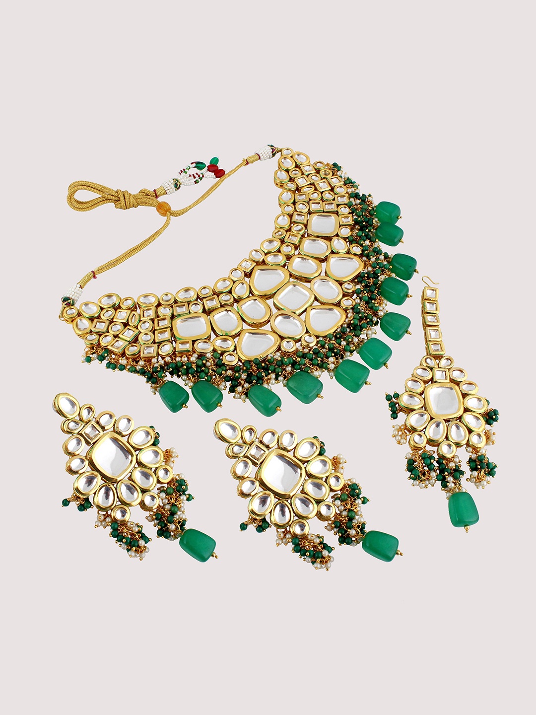 

LUCKY JEWELLERY Gold-Plated & Green Kundan Studded Choker Jewellery Set