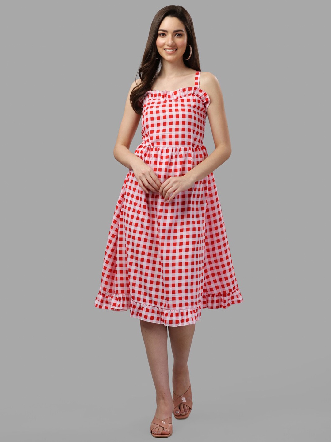 

GUFRINA Women Red & White Checked Shoulder Straps Dress
