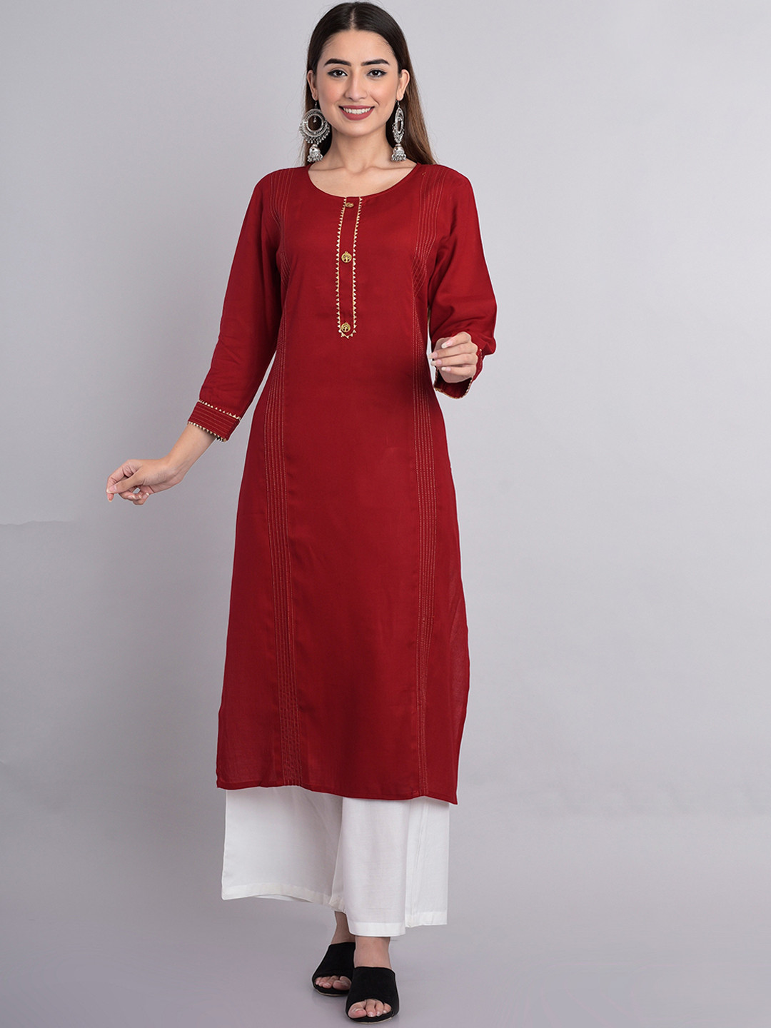 

misbis Women Red Solid Rayon Straight Kurta with Palazzos