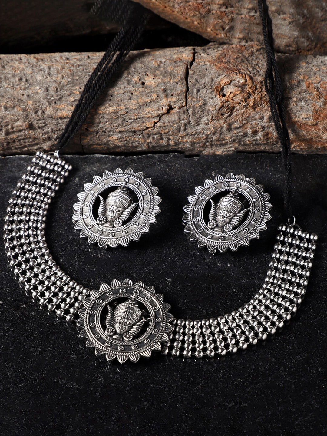VENI Oxidised Choker Necklace Set, Silver