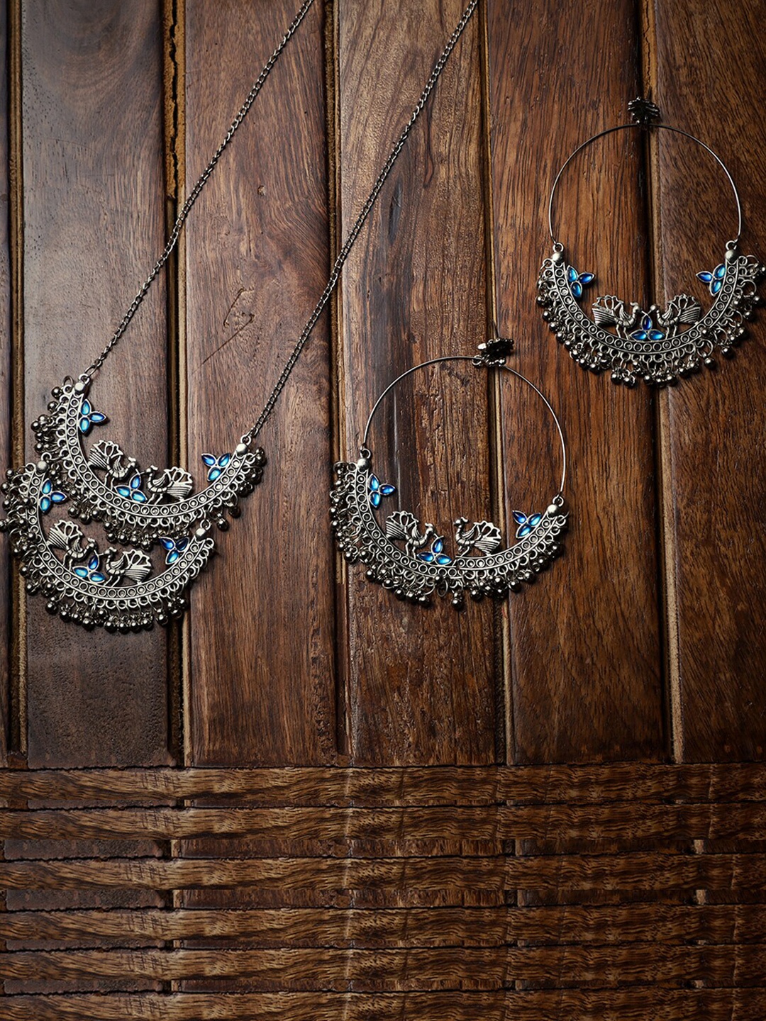 

VENI Brass Silver-Plated Oxidised Necklace & Earrings