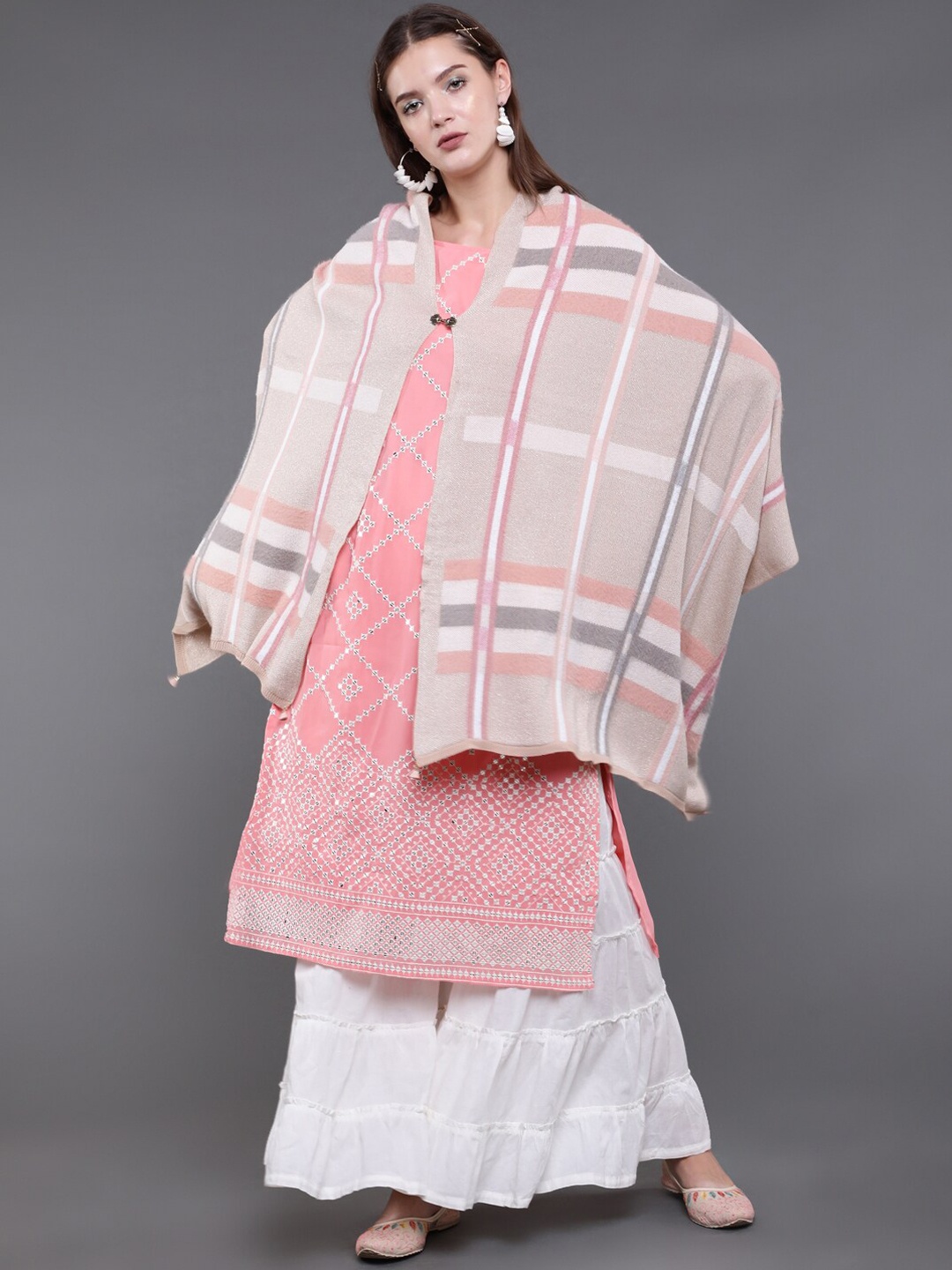 

saubhagya Women Brown & Pink Checked Woven Designed Shawl, Camel brown