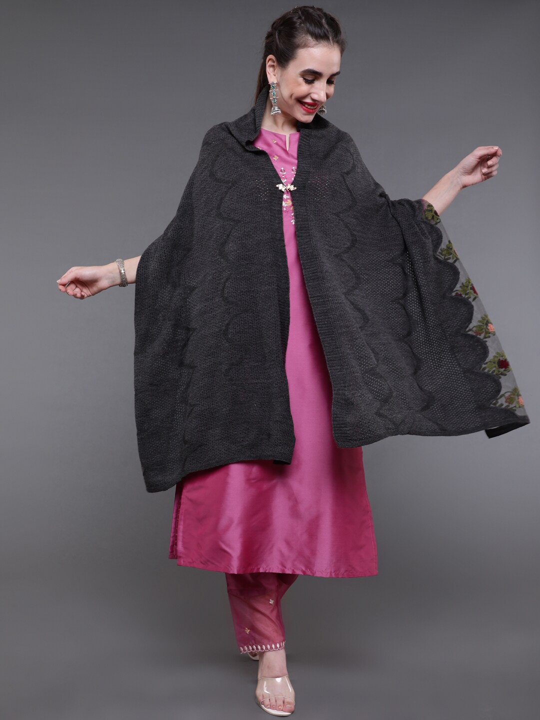 

saubhagya Women Grey Embroidered Shawl
