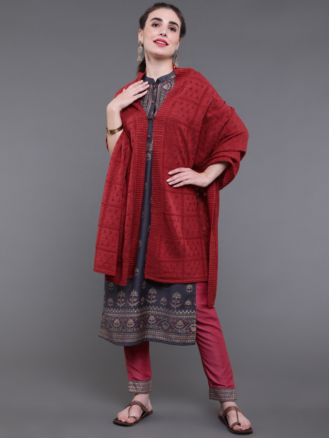 

saubhagya Women Rust Red Colored Self Design Winter Shawl