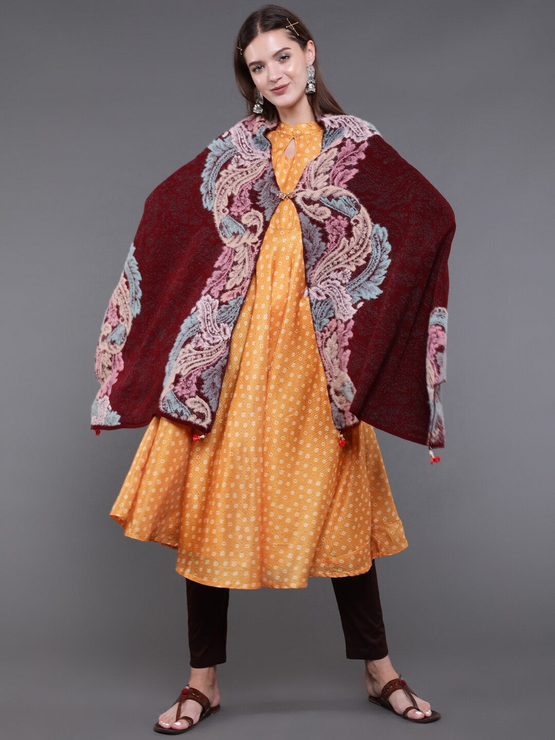

saubhagya Women Maroon Woven-Design Winter Shawl