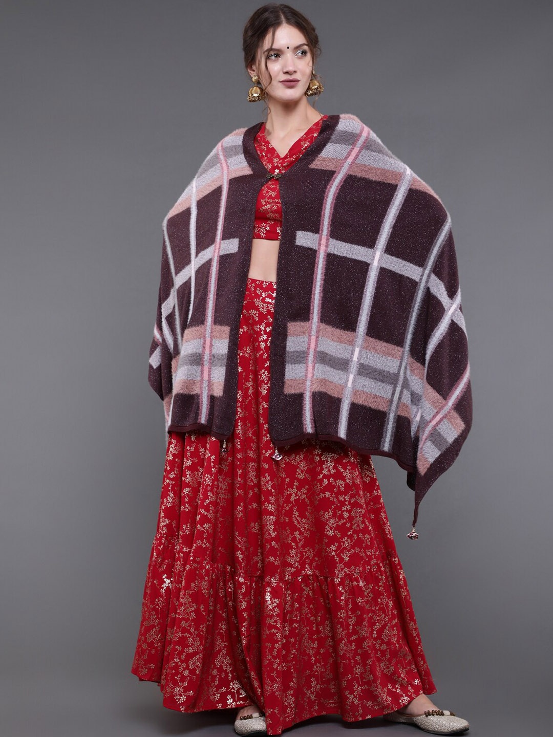 

saubhagya Women Burgundy Checked Knitted Shawl