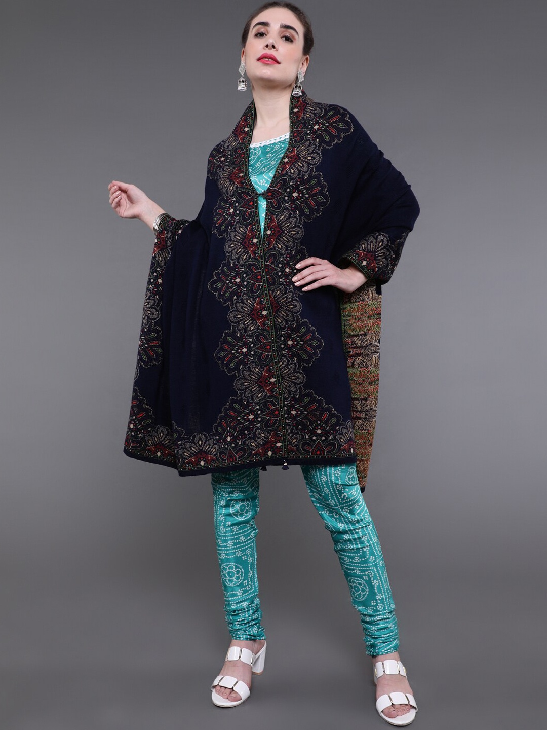 

saubhagya Women Navy Blue Floral Embroidered Shawl