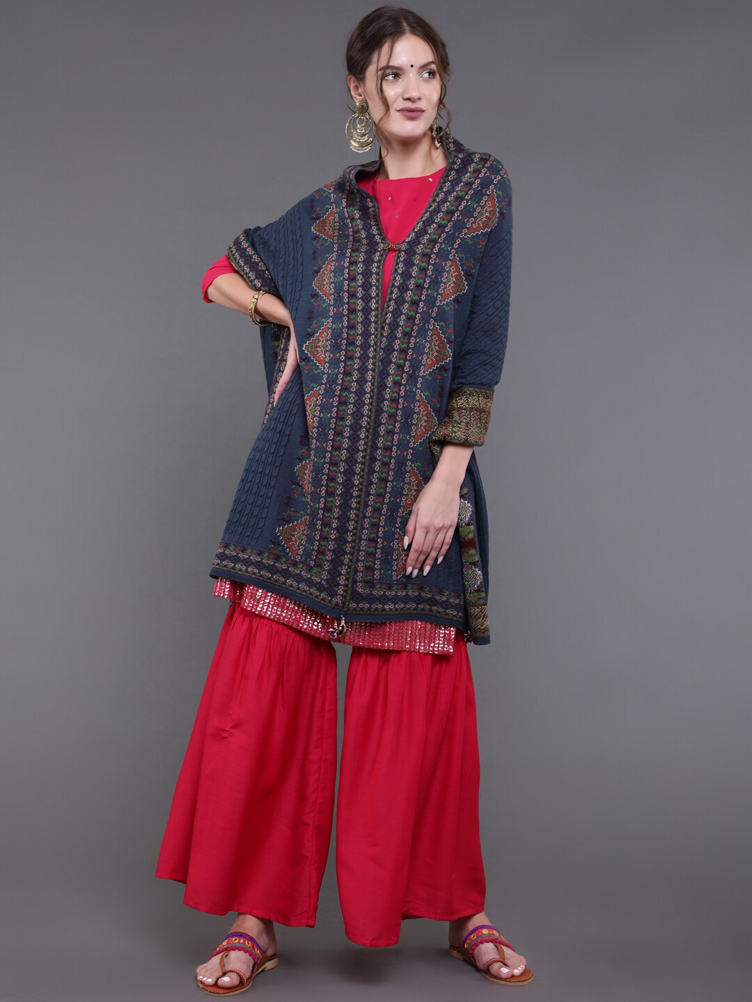 

saubhagya Women Navy Blue Embroidered Winter Shawl