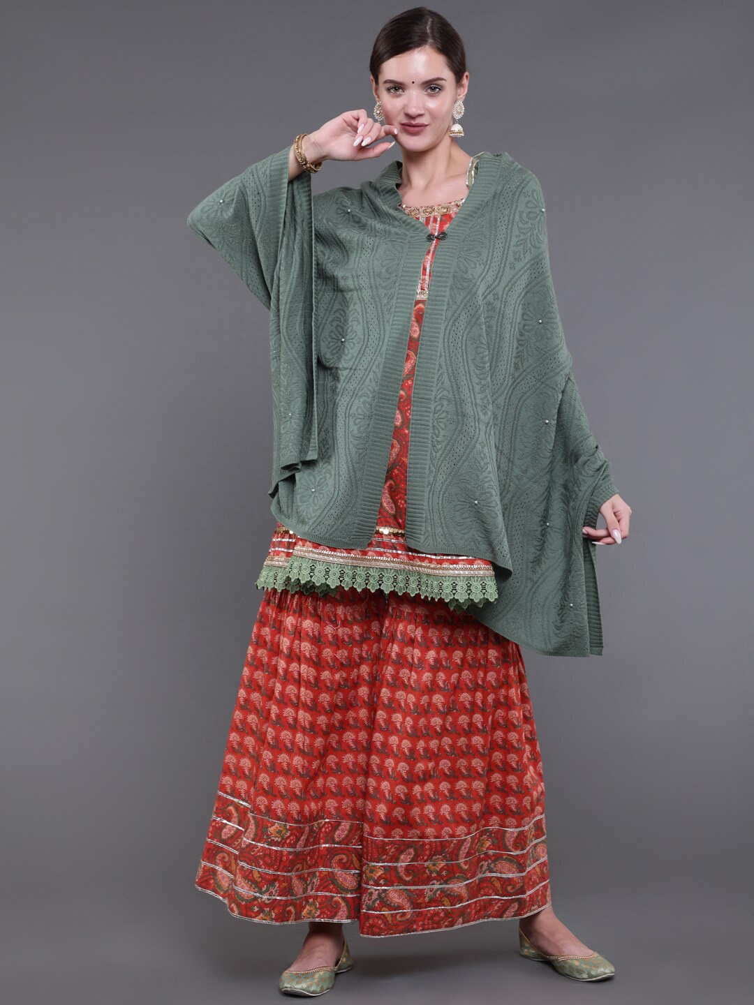 

saubhagya Women Sea Green Embroidered Shawl