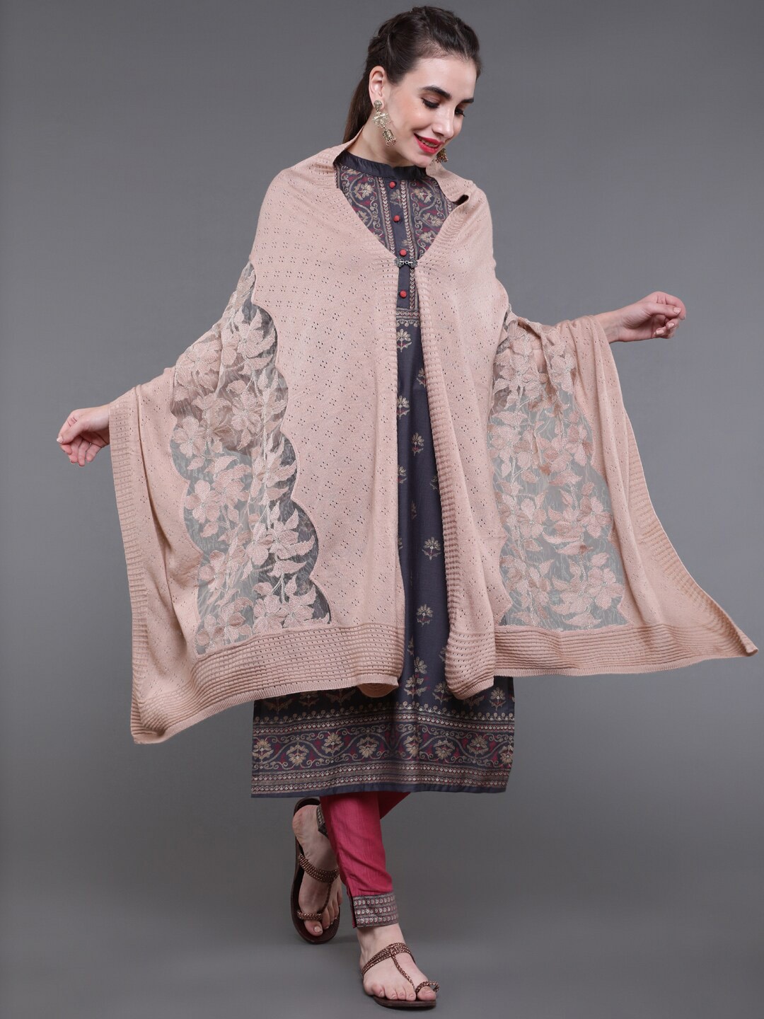 

saubhagya Women Rose Gold-Colored Embroidered Shawl