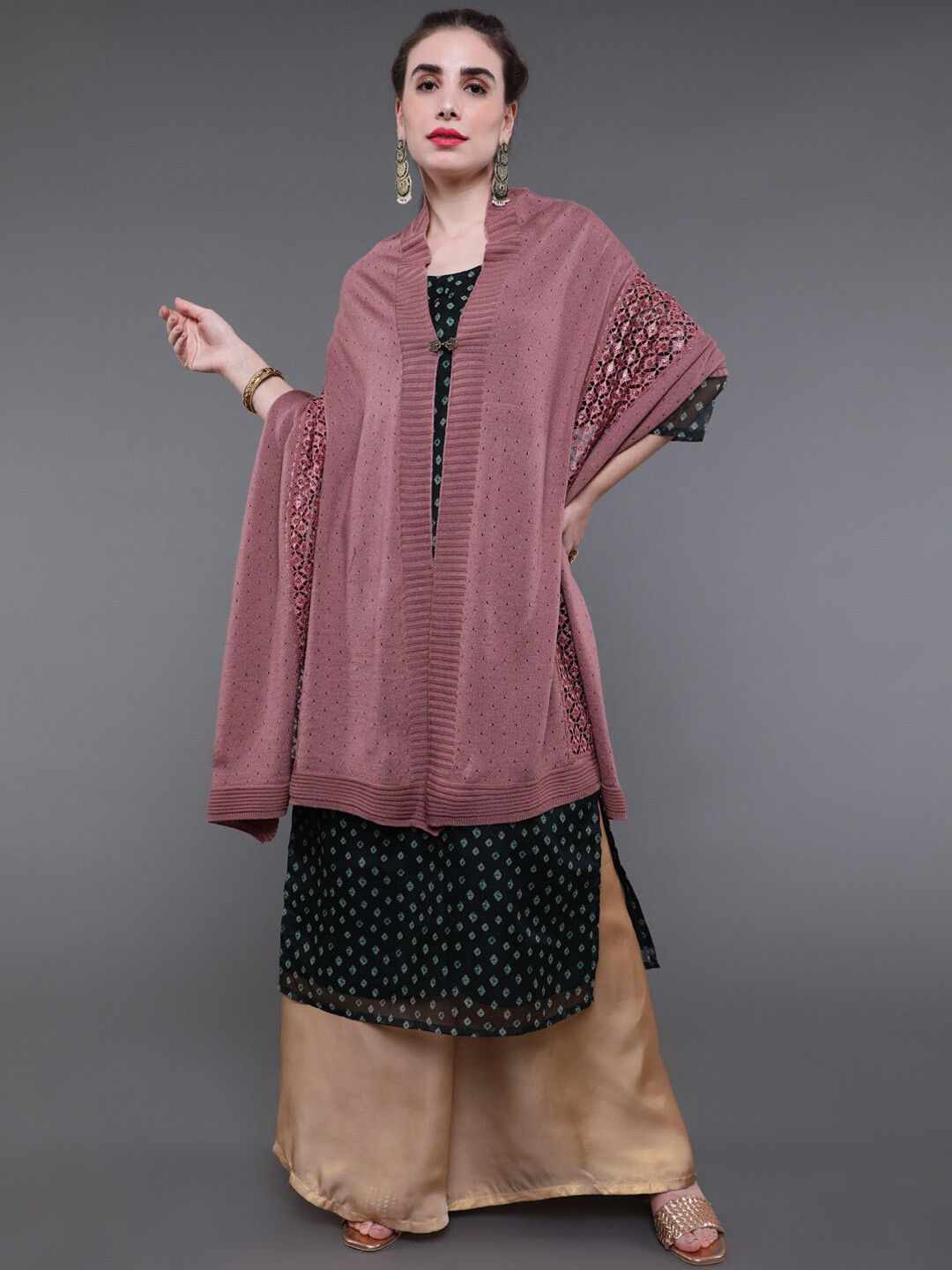 

saubhagya Women Mauve-Coloured Woven-Design Sequins Work Shawl