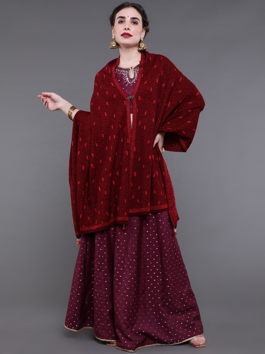 

saubhagya Women Maroon Woven Design Knitted Shawl
