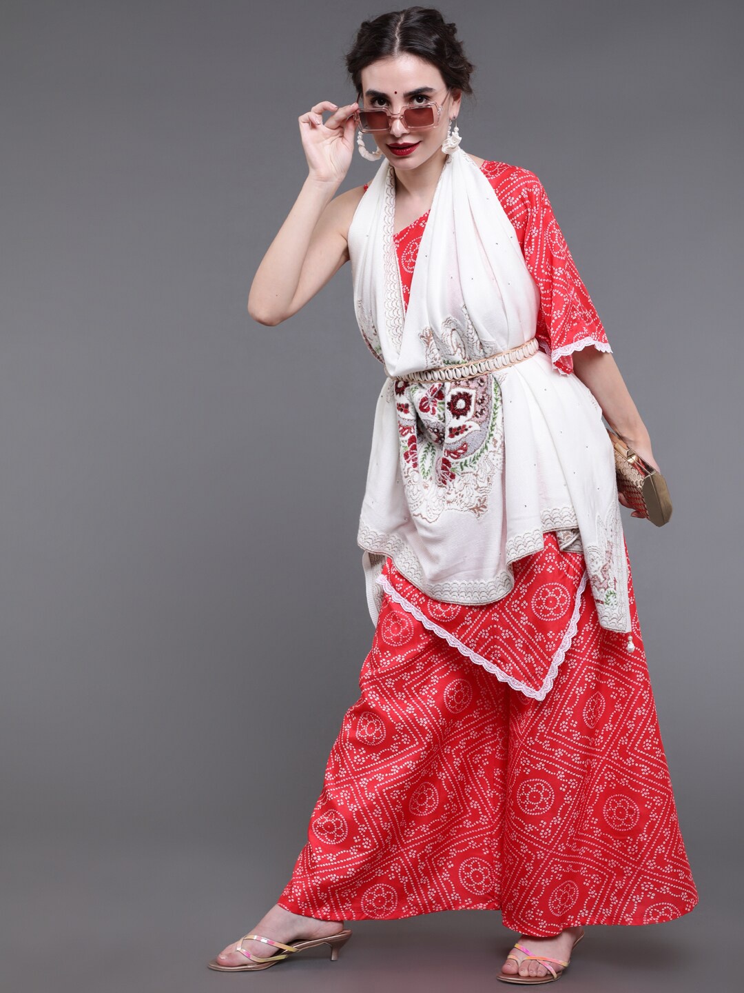 

saubhagya Women White & Red Embroidered Shawl