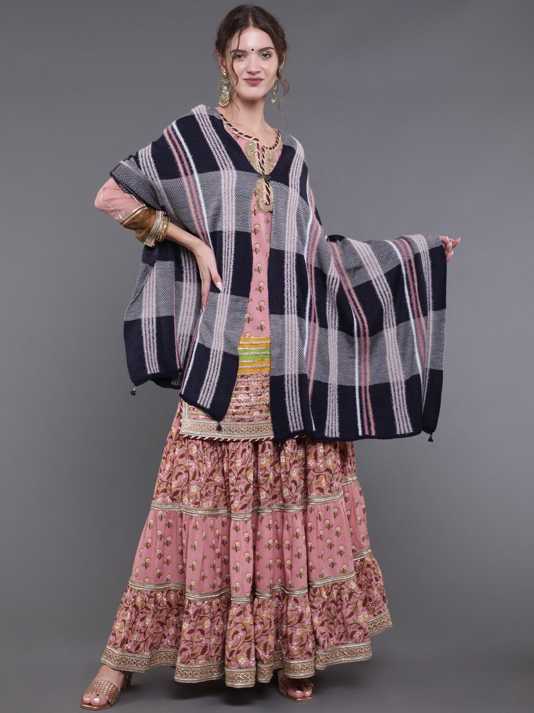 

saubhagya Women Navy Blue & Grey Striped Winter Shawl