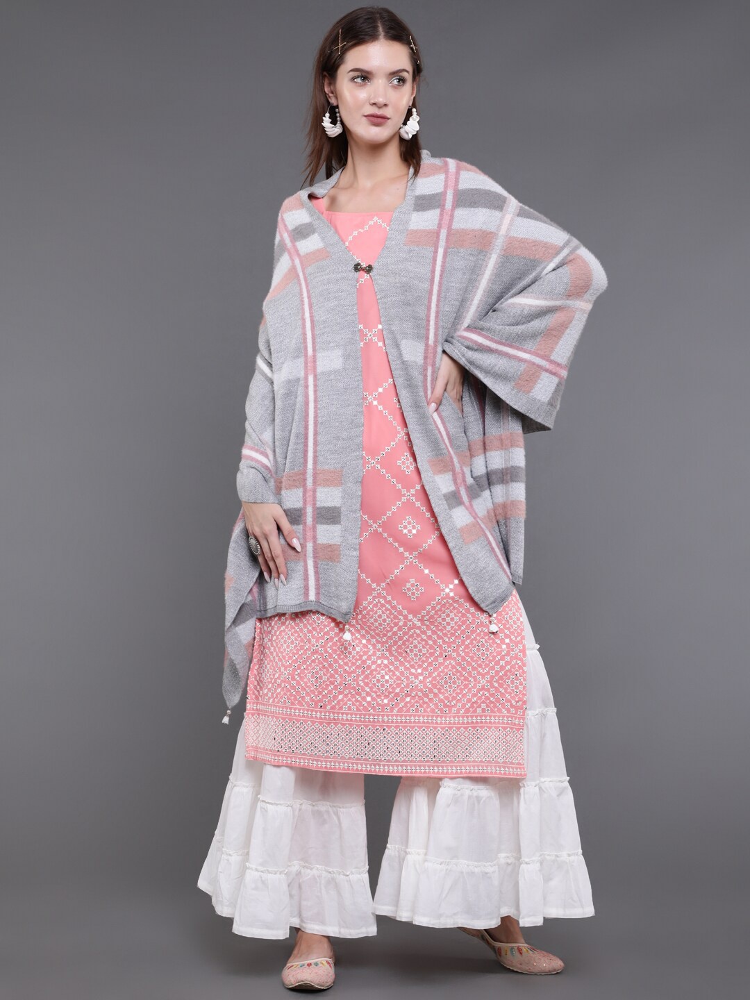 

saubhagya Women Grey Checked Winter Shawl