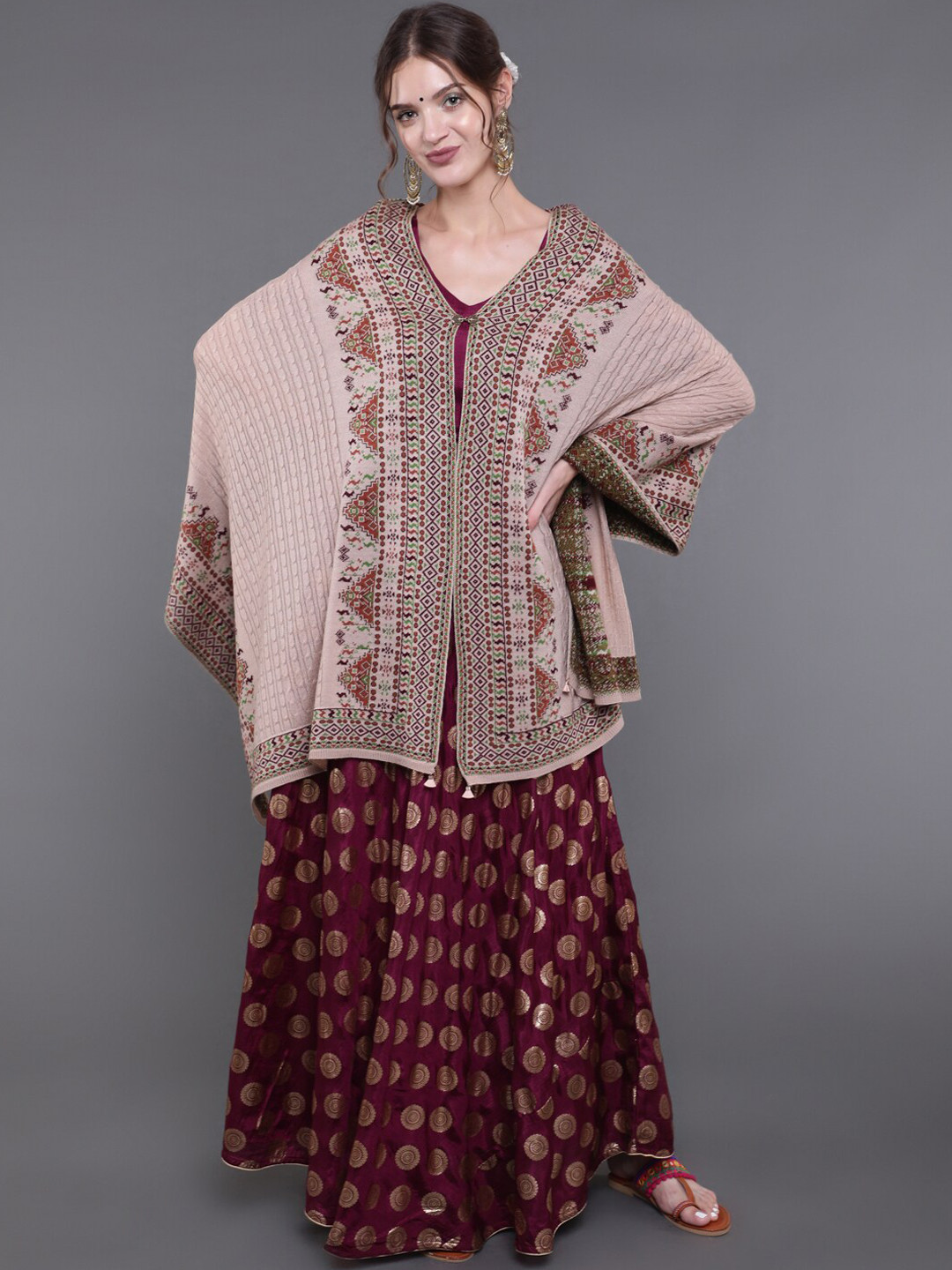 

saubhagya Women Rose Gold-Coloured Embroidered Shawl