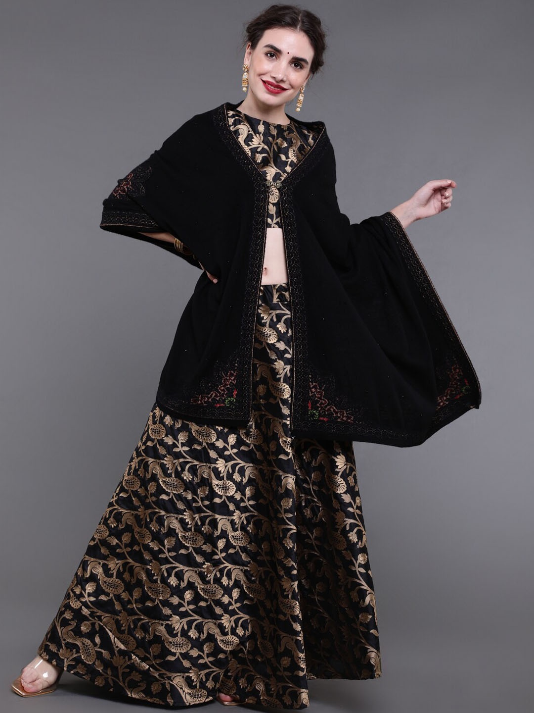 

saubhagya Women Black & Red Embroidered Shawl