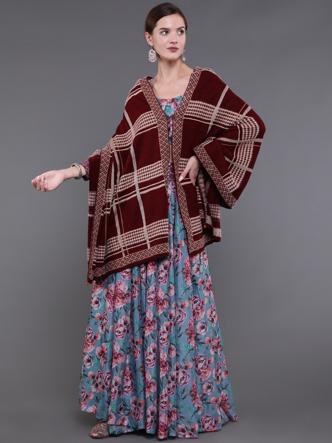 

saubhagya Women Maroon Checks Woven-Design Woolen Shawl
