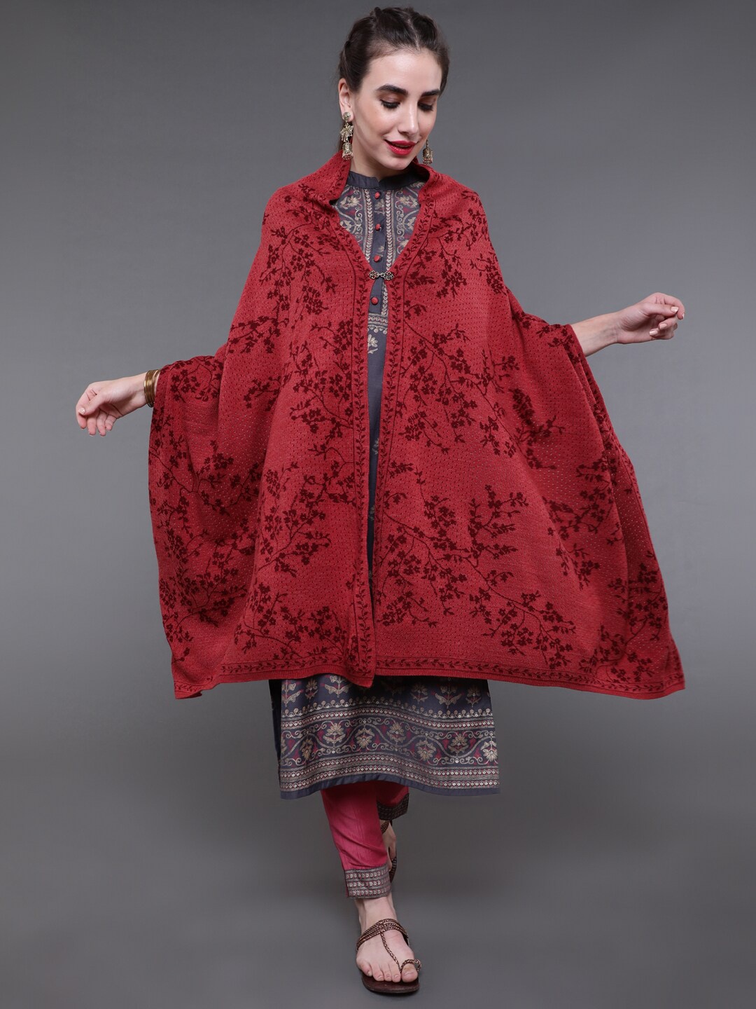 

saubhagya Women Rust-Red Colored Floral-Printed Shawl