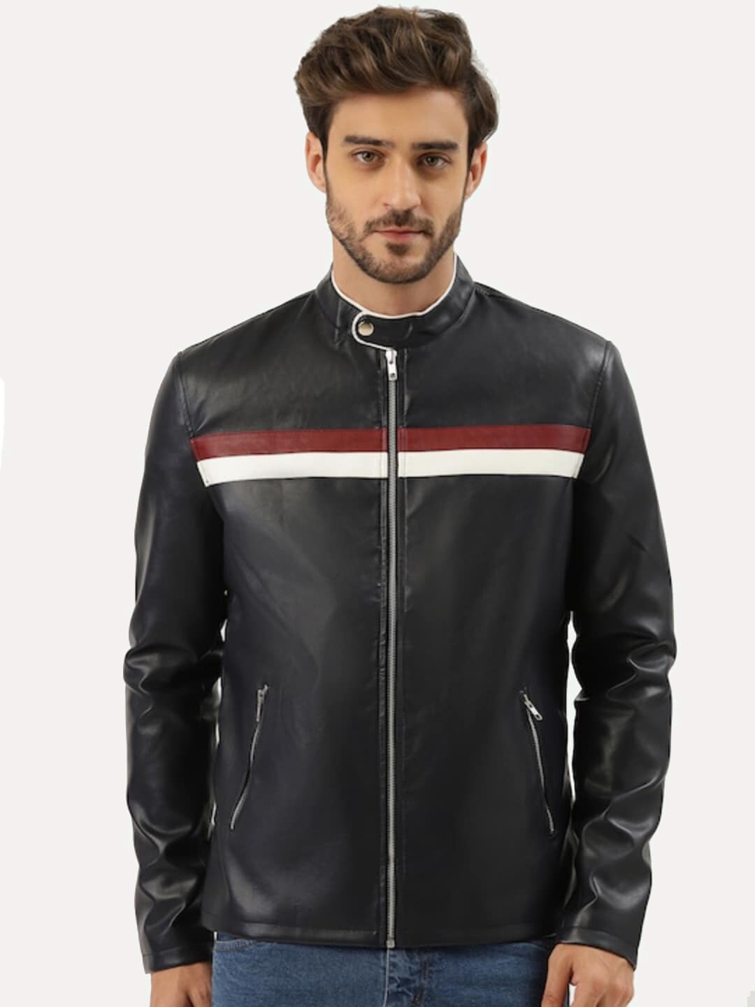 

Leather Retail Men Blue Striped Outdoor Biker Jacket, Black