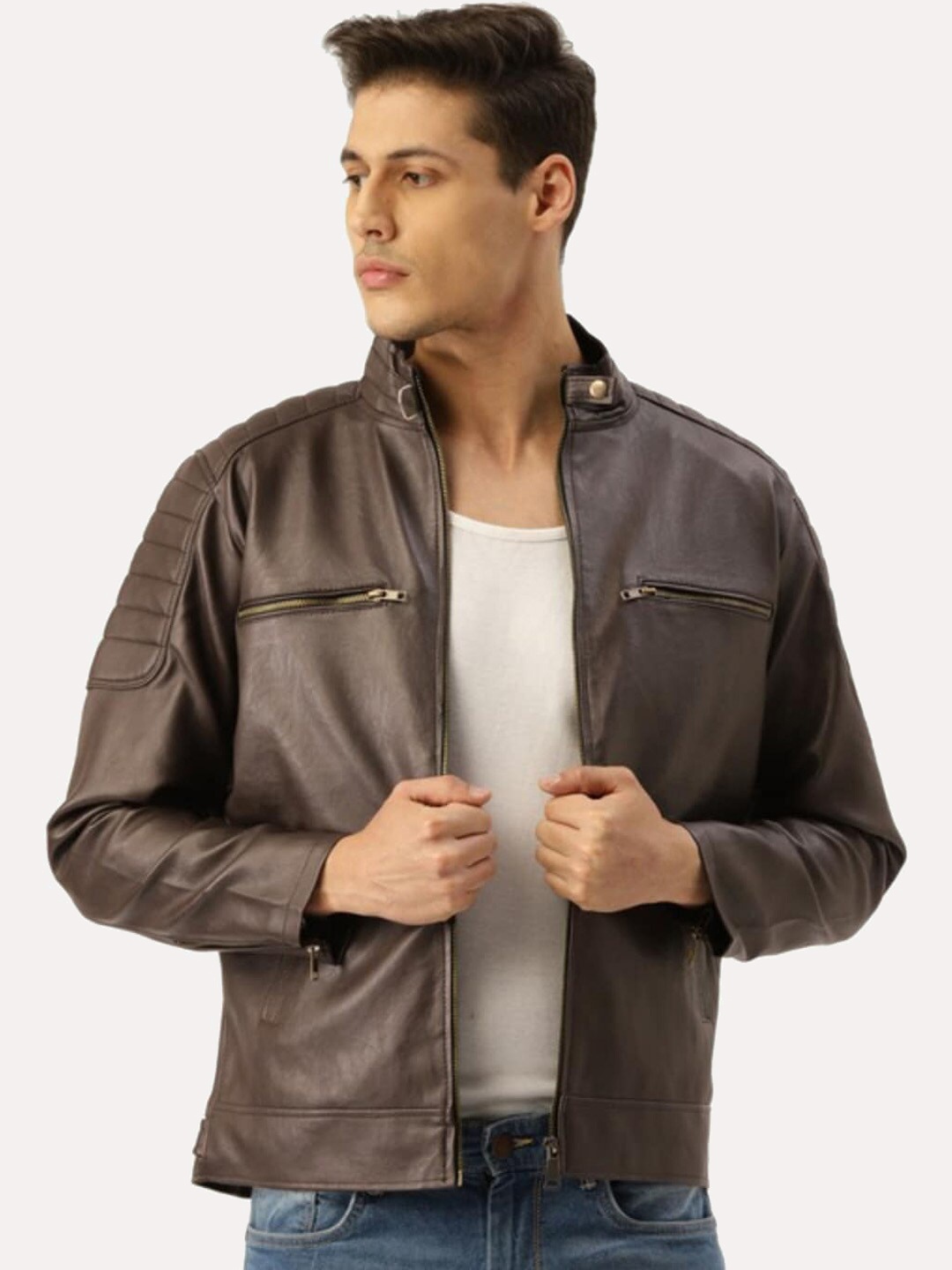 

Leather Retail Men Coffee Brown Faux Leather Biker Jacket