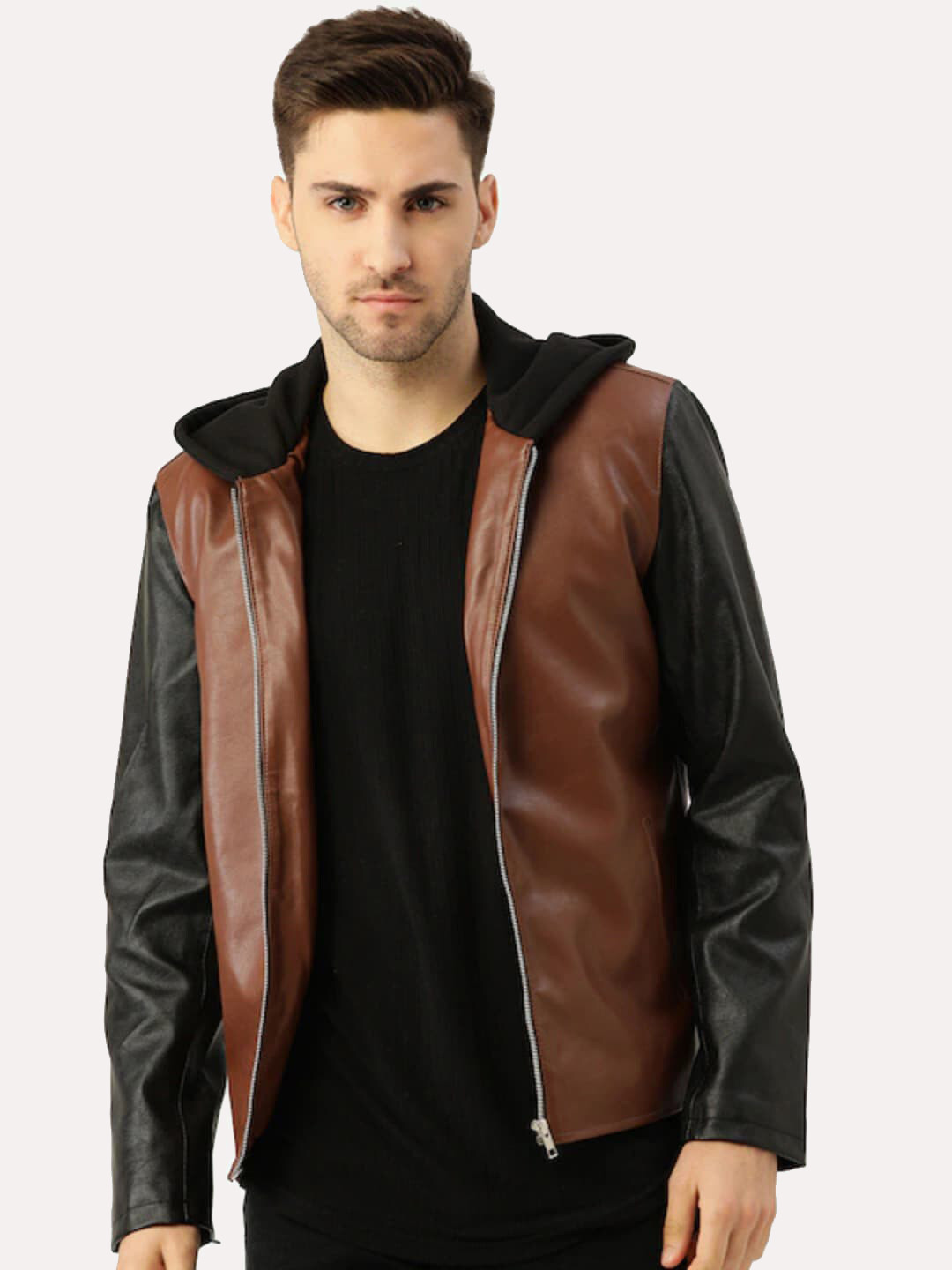 

Leather Retail Men Brown Black Colourblocked Outdoor Biker Jacket