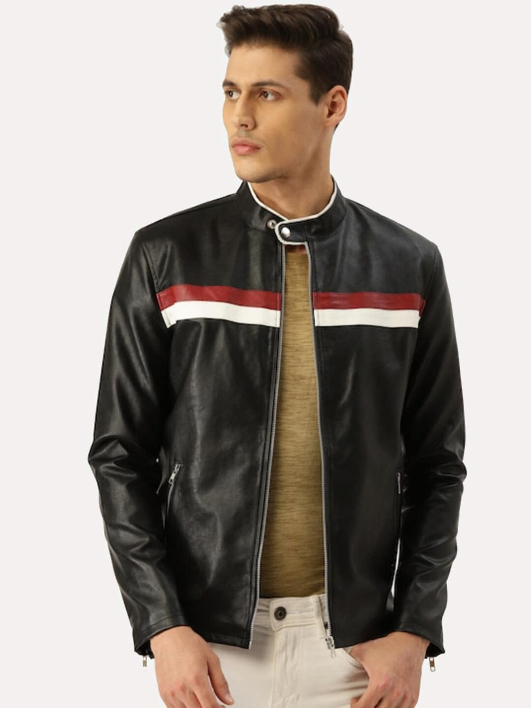 

Leather Retail Men Black Striped Outdoor Biker Jacket
